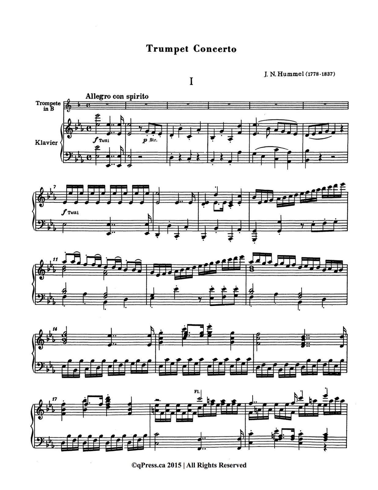 opladning Uafhængighed Berolige Hummel Concerto for Trumpet & Piano in Eb by Hummel, Johann Nepomuk - qPress