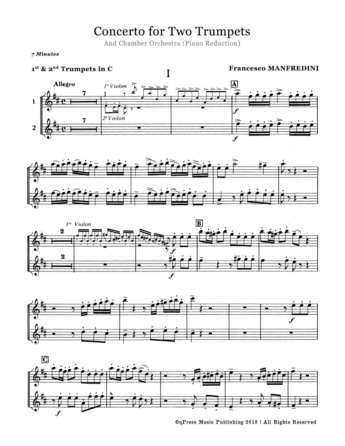 Manfredini Concerto for Two Trumpets by Manfredini, Fancesco - qPress